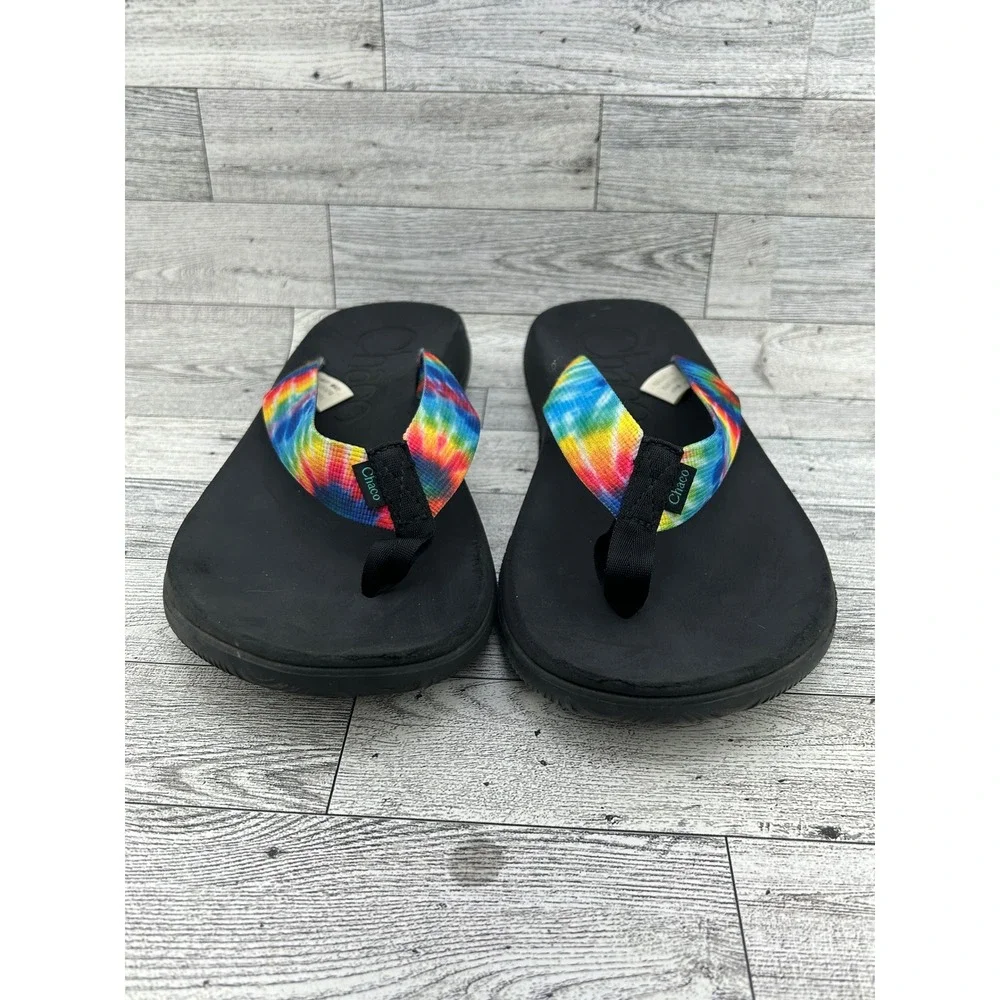 Chaco Chillos Flip Flops Men Sz 10 Black Tie Dye‎ Rainbow Straps Sandals J108035